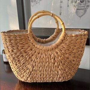 Natural Woven Tote with Bamboo Handles NWOT worn in photo